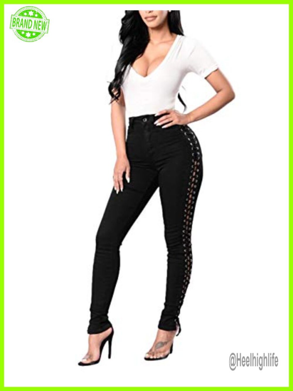 Gothic High Rise Skinny Jeans Lace Up Hollow Out Stretch Cotton Blend